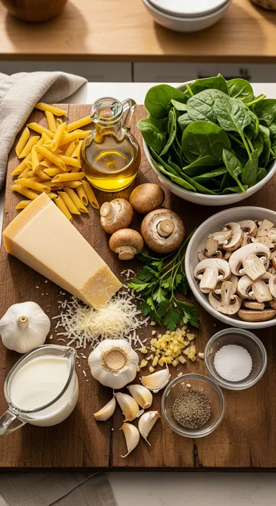 Creamy Parmesan Spinach Mushroom Pasta - cooking process
