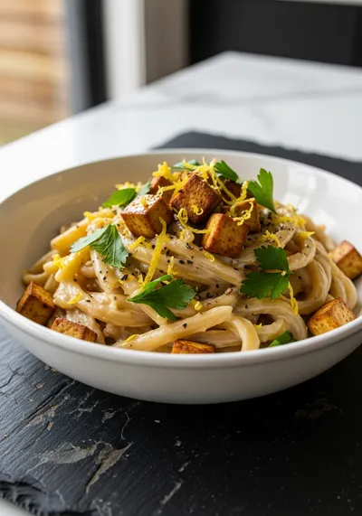 Creamy Tahini Pasta with Lemon Garlic Tofu