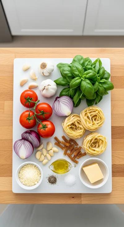 Easy One Pot Creamy Tomato Pasta - ingredients preparation