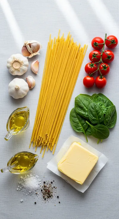 Garlic Butter Pasta with Spinach and Tomatoes - cooking process