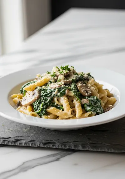 One-Pot Garlic Parmesan Pasta with Spinach & Mushrooms