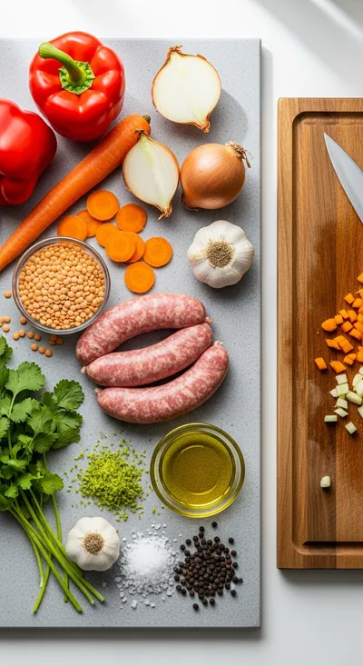 Red Pepper Lentils with Sausages and Salsa Verde Crumb - cooking process